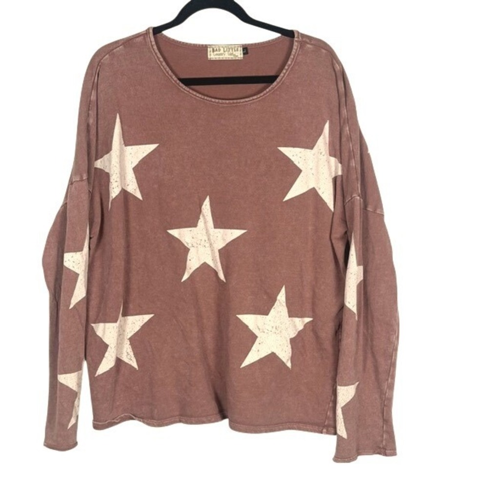 Bad Little Country Girl Tina Star Print Mineral Wash Cotton Pullover Top L Pink